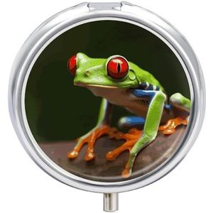 Red Eyes Tree Frogs Pillendoosje 3 compartimenten reisgeneeskunde pillenorganisator 3x per dag draagbare vitamine-organizer met spiegel kleine pillendoos voor portemonnee en zak, schattige dagelijkse