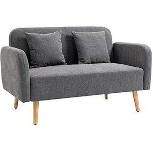 HOMCOM 2-zitsbank bekleding met kussens stof loveseat compact design modern 2-zits verstelbare hoogte van de voetsteunen fluweelzacht polyester rubber hout foam grijs + naturel 130 x 70 x 80 cm