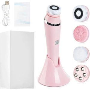 Gezichtsreinigingsborstel, oplaadbare elektrische gezichtsscrub, IPX7 waterdicht, 3-traps verstelbaar, met 4 borstelkoppen, geschikt voor diepe reiniging, peeling en gezichtsmassage (roze)