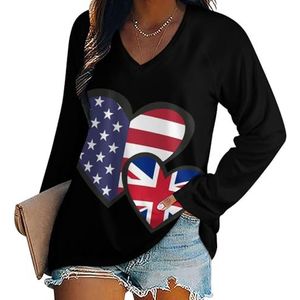 Harten Amerikaanse Engeland Vlag Vrouwen Casual Lange Mouw T-shirts V-hals Gedrukt Grafische Blouses Tee Tops 3XL