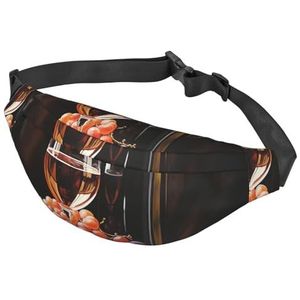 Heuptas voor dames en heren, verstelbare heuptas, crossbody-heuptas, retro fietstas, Rode Wijnfles Glas Druif Houten Fat, Eén maat