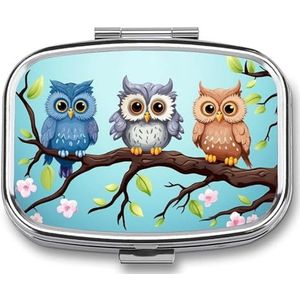 Uilen op een tak pillenorganisator, vierkant medicijndoosje met spiegel, dagelijkse pillendozen voor portemonnee, mini-medicijnopslag, containerdoos, compacte pillenhouder voor vitamines