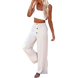 Vrijetijdsbroek met Knopen, Hoog Getailleerde Broek met Wijde Pijpen en Elastische Taille voor Het Dagelijks Leven op Vakantie (S)