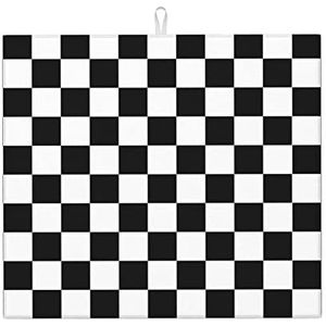 Zwart en wit plaid, droogmatten, absorberende afdruiprek mat voor aanrecht gootsteen mat droogpad 41 x 46 cm