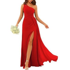 Dames chiffon bruidsmeisjes jurken met split lange galajurken ruches cocktailjurk plus size, Rood, 32