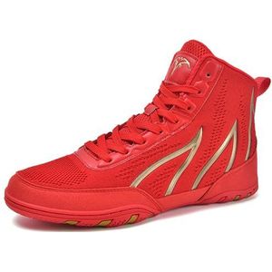 Hiuzylqx Worstelschoenen Heren Bokslaarzen High Top Vechtsport Fitness Gewichtheffen Sneaker Lichtgewicht Ademend Antislip,Rood,38 EU