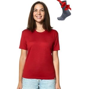 Merino.tech 100% Merino T-shirt voor dames - Merinowol Sportief Wandelen Thermisch Shirt voor Dames + Wandelsokken (Medium, Cherry Red Crewneck)