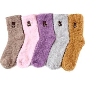 yeeplant Gezellige warme schattige crew-sokken voor dames - 5 paar, modieuze dikke zachte casual wintersokken, donzig, Zoals getoond, Eén Maat
