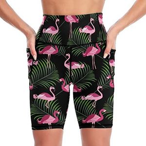 Roze flamingo en tropische flora dames yoga biker shorts hoge taille workout broek met zakken