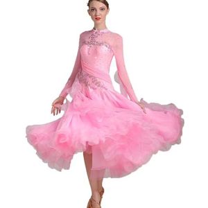 Yhsgscr Hoge kraag ballroom dansjurk voor dames Tangofeestwedstrijdkostuums Moderne dans grote swingrok Mesh splicing Banketkleding Met strass borduurwerk,B,L