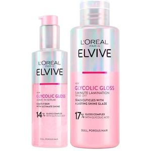 L'Oréal Paris Elvive Glycolic Gloss Serum Leave-In Voor Poreus en Dof Haar Intense en Langdurige Glans 150ml + 5 Minuten Lamineringsbehandeling met Glycolzuur 200ml - 2 Flessen