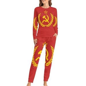Sovjet-Unie CCCP USSR Embleem Rood Zachte Dames Pyjama Lange Mouw Warm Fit Pyjama Loungewear Sets met Zakken 3XL