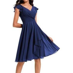 Korte bruidsmeisjesjurk voor dames, chiffon, V-hals, cocktailjurk, zakken, Donkerblauw, 42