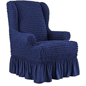 Stretch slipcover met rok 1-delige universele gemakkelijk gemonteerde wingback stoel stoel slipcover met elegante ruche hoge elastische seersucker vleugel rugstoel cover Hoezensets(Color:Navy Blue)