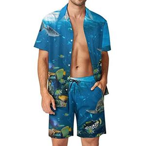 Underwater Coral Reef Wildlife Hawaiiaanse bijpassende set voor heren, 2-delige outfits, button-down shirts en shorts voor strandvakantie