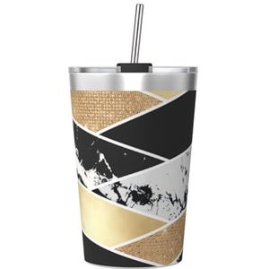 Beker 340 ml geïsoleerde beker met conisch rietje, koffiekopje, reisfles voor auto, geometrische kunst van marmer met glans in wit en zwart, modern