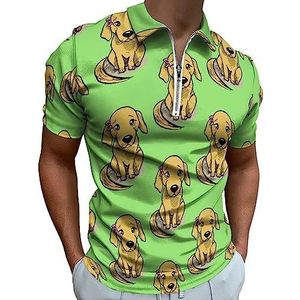 Veel puppy's op groen poloshirt voor heren, casual T-shirts met ritssluiting en kraag, golftops, slim fit