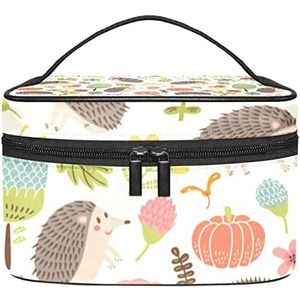 Retro blauwe Chinese draak wolken make-up tas voor vrouwen meisjes cosmetische tassen met handvat reizen make-up organizer tas, Retro Bos Egel Bloemenpatroon, 8.9x5.9x5.4 Inches, Make-up zakje