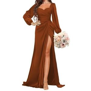 BRIGOW Damesjurk, satijn, bruidsmeisjesjurk, lange mouwen, galajurken, liefje, formele avondfeest, maxi-jurk met split BY029, Brunt Oranje, 32