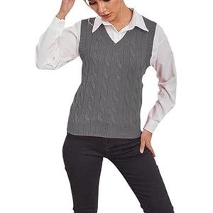 Dames mouwloos V-hals vintage trui gebreid vest casual, Grijs, XL