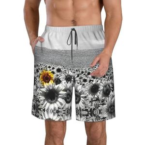 Hawaiian Tapa Honu Schildpad Print Heren Zwemplank Shorts Zwembroek Trunks Badmode Sneldrogende Surfen Strand Essentiële Zomer, Zwarte en witte zonnebloemen, M