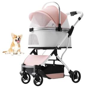 Hondenbuggy voor kleine en middelgrote honden Katten met veiligheidsgordel Afneembare drager Lichtgewicht opvouwbare 4-wiel Kattenbuggy zonder rits Trolley voor reizen Winkelen Wandelen,Roze