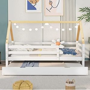 VSOGA Boomhuisbed, dagbed, eenpersoonsbed, uittrekbed, schuifbed met wieltjes, wit, 200 x 90 cm