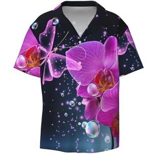 TyEdee Paarse vlinder- en bloemenprint herenoverhemden met korte mouwen en zak casual overhemd met knopen, Zwart, XL