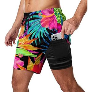 Bedrukte Tropische Bloemen Heren Zwembroek Sneldrogende 2-in-1 Strandsport Shorts met Compressie Voering En Zak