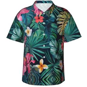 XTYGETY Hojas Tropicales Y Flores Print Zomer Strand Button-Down Korte Mouw Hawaiiaans Shirt voor Mannen Tropische Vakantie Shirts, Zwart, S