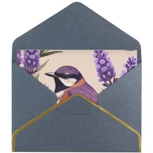 Vogel in paarse lavendel bloemen bloemen bedrukte wenskaarten, prachtige blanco wenskaarten met enveloppen, grappige kaarten voor elke gelegenheid
