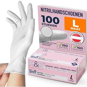 ISC Hygiene & Safety Nitrilhandschoenen (9 L groot, wit), doos van 100, poedervrij, latexvrij, eudermisch, wegwerphandschoenen, niet-steriel tweehandig, commercieel gebruik