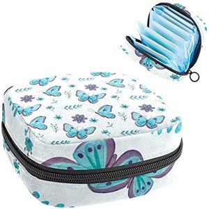 Maandverband Opbergtas, Menstruatie Cup Pouch Tampon Bag, Periode Pads Houder Organizer voor Vrouwen Meisjes, Blauwe Vlinders Wilg Bloemen Patroon