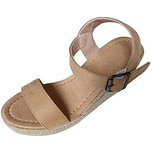 ACKNVHRO Damesplatform wiggen open teen hoge hak sandalen zomer causale enkelbandje strandbodem schoenen hoge hak sandalen (Color : Brown, Size : 9.5-10)