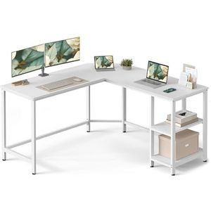 VASAGLE Bureau, L-vormig computerbureau, 138 x 138 x 76 cm, hoekbureau met 2 planken, ruimtebesparende kantoortafel, gaming, thuiskantoor, eenvoudige montage, esdoornwit LWD072W44