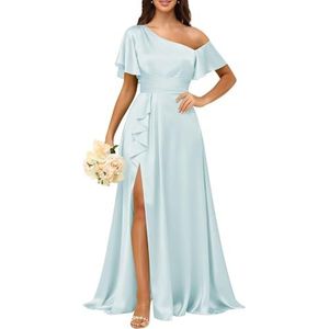 KURFACE Satijnen bruidsmeisjesjurken met mouwen geplooid korset galajurk met split lange formele avondjurk voor dames, Lichtblauw, 34