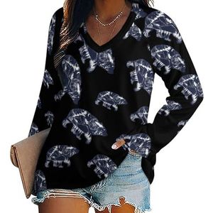 Bear Mountain Tattoo Art vrouwen casual T-shirts met lange mouwen V-hals bedrukte grafische blouses Tee Tops 4XL