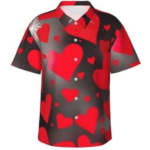 Rode Harten Vuurwerk Print Leuke Hawaiiaanse Shirt Voor Mannen Casual Korte Mouw Button Down Shirts Zomer Vakanties, Zwart, S