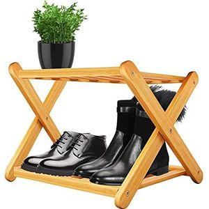 SXRZY Bamboe schoenenrek kleine ruimte, 2-laags schoenenrek houten, stevig en duurzaam installatievrij opvouwbaar schoenenopbergrek voor toegang, gang, kast, slaapzaal, lager 40 kg (40 × 25 × 22 cm)