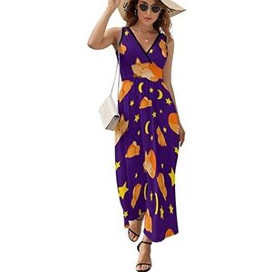Leuke vos met ster casual maxi-jurk voor vrouwen V-hals zomerjurk mouwloze strandjurk S