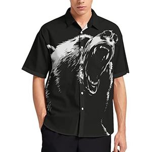 Angry Bear T-shirt met korte mouwen voor heren, casual button-down, zomer, strand, top met zak