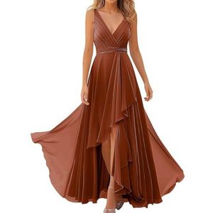 Hoge Lage Prinses Bruidsmeisje Jurken V-hals Prom Jurk Chiffon Formele Avond Party Jurk met Split, Verbrand Oranje, 50 grote maten