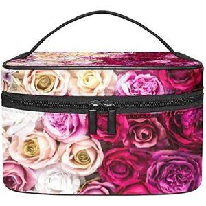 Parijs Eiffeltoren bloemenpatroon make-up tas voor vrouwen meisjes cosmetische tassen met handvat reizen make-up organizer tas, Roze Rozen Patroon, 8.9x5.9x5.4 Inches, Make-up zakje