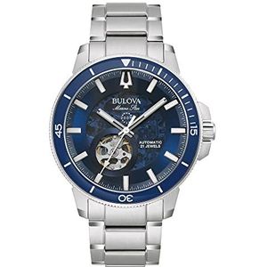 Bulova Heren analoog automatisch horloge met roestvrijstalen armband 96A289, zilver-blauw, armband