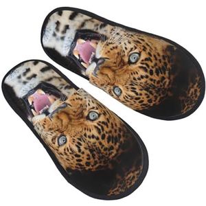 ZaKhs Luipaardprint Vrouwen Slippers Antislip Fuzzy Slippers Leuke Huis Slippers Voor Indoor Outdoor, Zwart, Large Wide