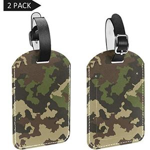 PU Lederen Bagage Tags met Army Green Camouflage Print Naam ID Labels voor Reistas Bagage Koffer met Terug Privacy Cover 2 Pack