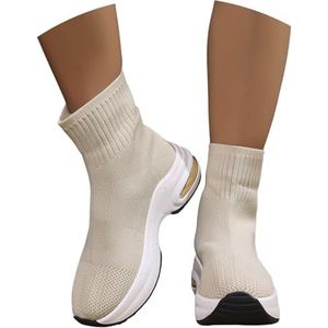 Gebreide Enkellaarsjes Ademende Korte Laarzen for Dames Sportieve Enkellaarsjes Comfortabele Plateaulaarzen Met Sleehak Elastische Instapschoenen for De Lente/herfst(Beige,43 EU)