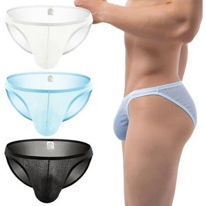 Yomie Zacht en comfortabel ondergoed voor heren, gestreept transparant herenondergoed, 3 stuks (zwart + blauw + wit), S