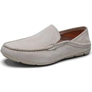 Loafers for heren, effen kleur, leren loafers met ronde neus, lichtgewicht, antislip, platte hak, wandelmode, instappers (Color : Beige, Size : 39 EU)