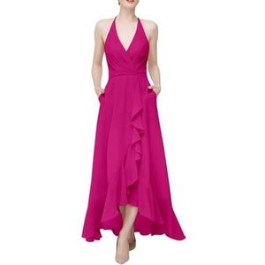 SAMHO Chiffon bruidsmeisje jurk halter hoge lage ruches formele avondjurken met zakken, roze (hot pink), 40